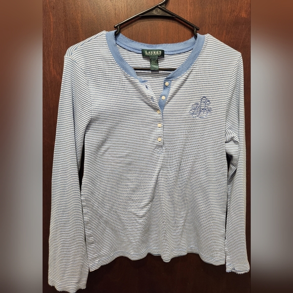 Ralph Lauren Logo Long Sleeve Blue And White Stripe Size Large 100% Cotton Women - Picture 1 of 5